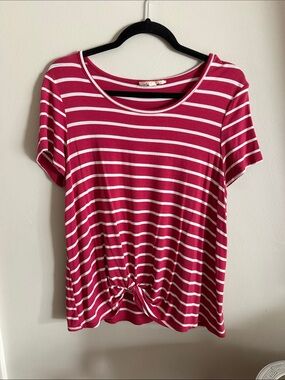 Striped Knot-Front Short Sleeve Tee - Raspberry & White